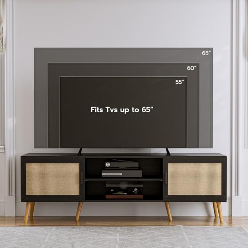 TV Stand with Rattan Doors for TVs up to 65", Mid-Century, Black, view 4