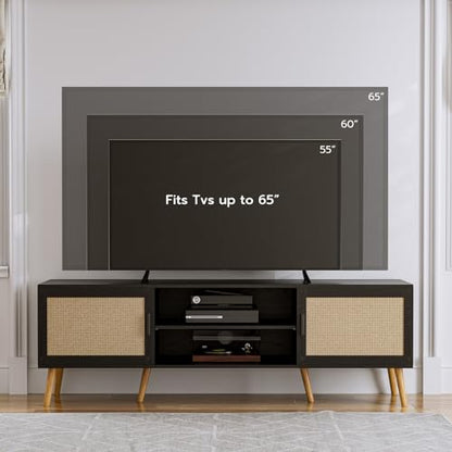 TV Stand with Rattan Doors for TVs up to 65", Mid-Century, Black, view 4