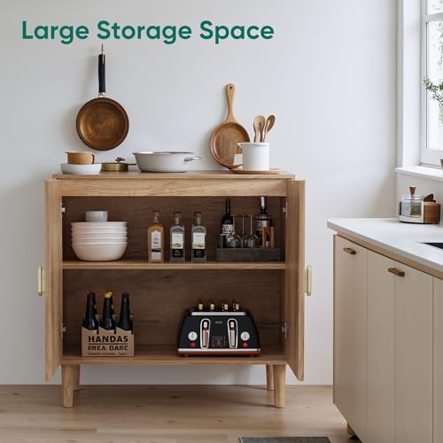 Oak Sideboard Cabinet, Freestanding Buffet Cabinet with Line Groove Design, view 8