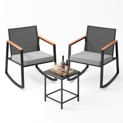 3 Piece Outdoor Patio Wicker Furniture Set, Outdoor Patio Rocking Bistro Set of 2 with Wooden Armrests and Coffee Table for Lawn, Yard, Porch, Balcony (Grey)