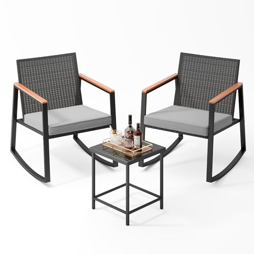 3 Piece Outdoor Patio Wicker Furniture Set, Outdoor Patio Rocking Bistro Set of 2 with Wooden Armrests and Coffee Table for Lawn, Yard, Porch, Balcony (Grey)