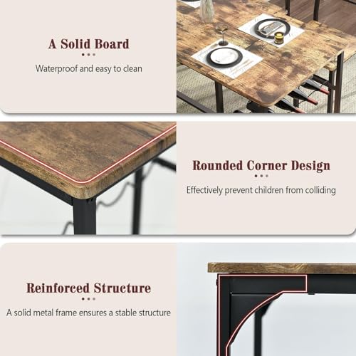 Dining Table Set for 4 with Bench, 55" Kitchen Table and Chairs Set with Wine Rack, Glass Holder & Storage Shelves, Space Saving Dining Room Table Set for Small Kitchen, Apartment, Rustic Brown