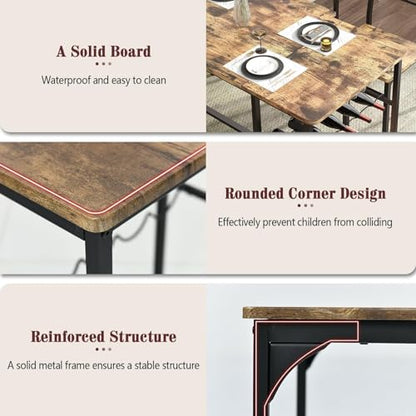Dining Table Set for 4 with Bench, 55" Kitchen Table and Chairs Set with Wine Rack, Glass Holder & Storage Shelves, Space Saving Dining Room Table Set for Small Kitchen, Apartment, Rustic Brown