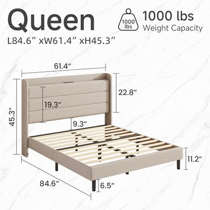 Queen Linen Multifunctional Bed with Charging Station & Storage Headboard, view 3