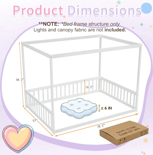 Full Size Canopy Bed Frame with 4 Posters and Guardrails for Kids, view 3