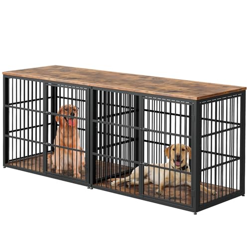 94" Double Dog Crate Furniture, TV Stand with Divider, Brown, view 2