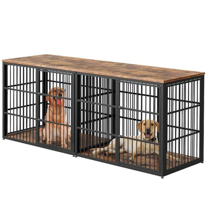 94" Double Dog Crate Furniture, TV Stand with Divider, Brown, view 2