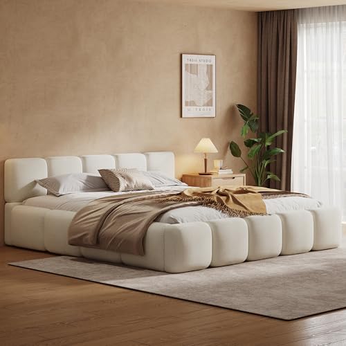 White Bouclé Platform Bed, view 2