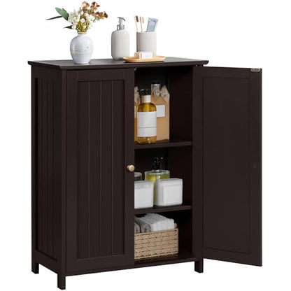 Yaheetech Bathroom Floor Cabinet, Modern Storage Freestanding Organizer Cabinet with Adjustable Shelves & Double Doors, 3-Tier Home Living Room Furniture, Espresso