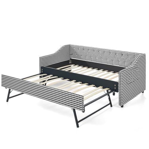 JIVOIT Twin‑Size Upholstered Daybed with Pull‑Out Trundle, Upholstered Convertible Daybed with Side Storage, Tufted Button Backrest & Padded Armrests, Perfect for Compact Living (Black-Twin,32)