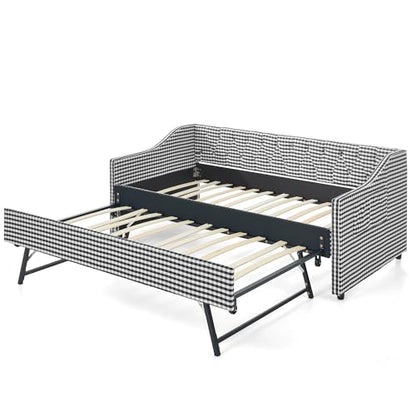 JIVOIT Twin‑Size Upholstered Daybed with Pull‑Out Trundle, Upholstered Convertible Daybed with Side Storage, Tufted Button Backrest & Padded Armrests, Perfect for Compact Living (Black-Twin,32)