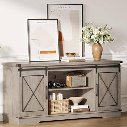 Farmhouse TV Stand for 65 Inch TV, Sliding Barn Doors, Grey, view 2