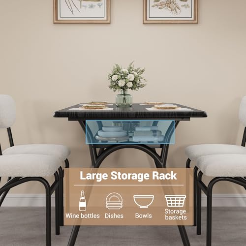 5-Piece Dining Table Set for 4, Modern Kitchen Table with 4 Boucle Chairs, Rectangular Dining Table with Storage Shelf & Marble Tabletop, Home Dining Furniture for Small Space, Beige+Black