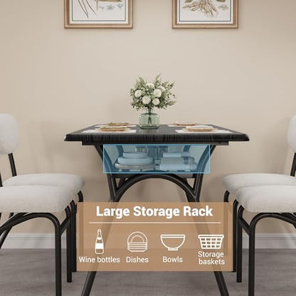 5-Piece Dining Table Set for 4, Modern Kitchen Table with 4 Boucle Chairs, Rectangular Dining Table with Storage Shelf & Marble Tabletop, Home Dining Furniture for Small Space, Beige+Black