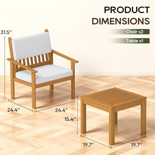3-piece Patio Furniture Set Acacia Wood Patio Bistro Set Outdoor Chat Conversation Table Chair Set Wood Chat Set with Water Resistant Cushions and Coffee Table Chairs for Beach Backyard Garden