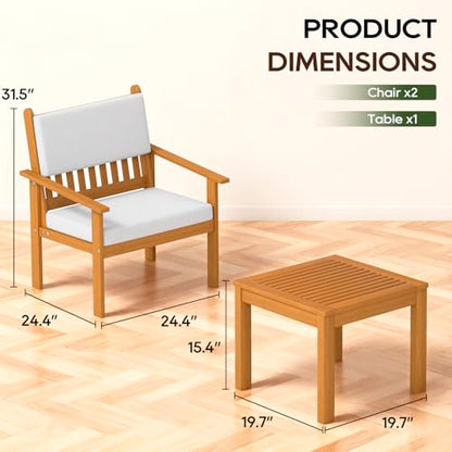 3-piece Patio Furniture Set Acacia Wood Patio Bistro Set Outdoor Chat Conversation Table Chair Set Wood Chat Set with Water Resistant Cushions and Coffee Table Chairs for Beach Backyard Garden