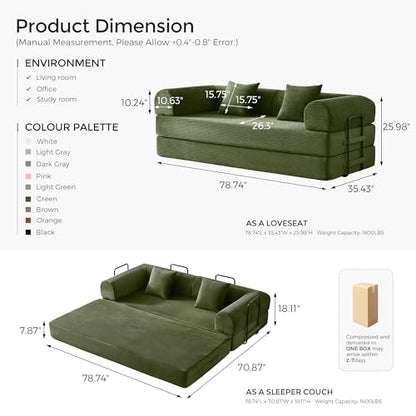 79" Convertible Sofa Bed with Fixed-Shape Frame & Removable Armrests, Modular Corduroy Sleeper Sofa, Folding Mattress Couch for Small Spaces - No Assembly Needed in Green (Includes 2 Pillows)