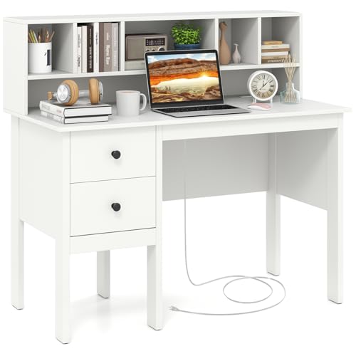 White Desk with Drawers & Hutch, Home Office Desk with Charging Station, view 2