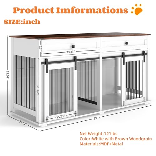 63" Large Furniture Style Dog Crate, Wooden Dog Kennel with 2 Drawers, view 3