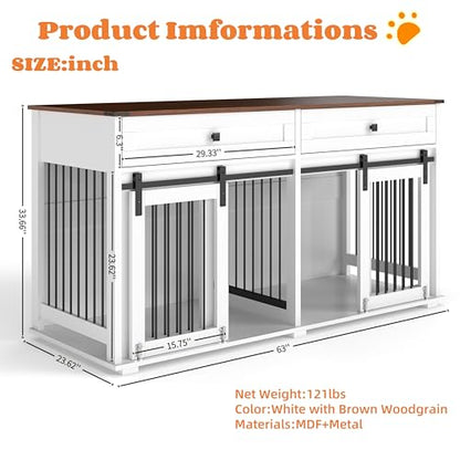 63" Large Furniture Style Dog Crate, Wooden Dog Kennel with 2 Drawers, view 3