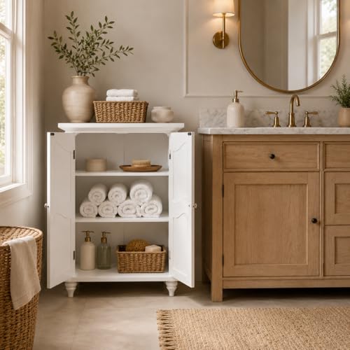 Versailles Wooden Freestanding Floor Storage Cabinet with 2 Adjustable Interior Shelves 3 Storage Spaces and 2 Floral Scroll Doors, White