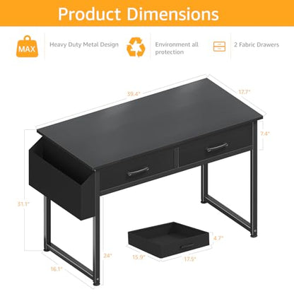 DLisiting Computer Desk with Fabric Drawers for Home Office Bedroom, 40 Inch Small Gaming Desk with 2 Drawers, Study Writing Table PC Desks, Black