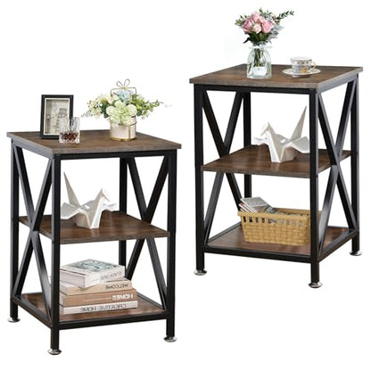 Square End Tables Living Room Set of 2, 16" D x 16" W x 24" H, Rustic Brown | Rustic End Tables Living Room with Storage Shelf, Side Tables with Steel X-Shaped Frame, Farmhouse Nightstand Wood and Metal