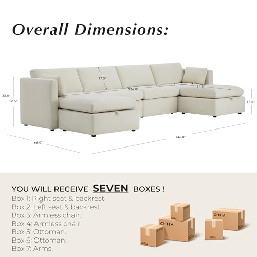 CHITA Oversized Modular Sectional Fabric Sofa Set, FSC Certified Extra Large U Shaped Couch Reversible Chaise Modular Sectional Couch, 146 inch Width, 6 Seat Modular Sofa with Storage Ottomans, Linen