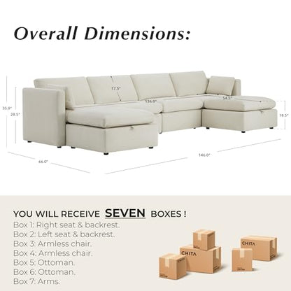CHITA Oversized Modular Sectional Fabric Sofa Set, FSC Certified Extra Large U Shaped Couch Reversible Chaise Modular Sectional Couch, 146 inch Width, 6 Seat Modular Sofa with Storage Ottomans, Linen