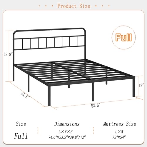 Kujielan 12 inches Full Size Bed Frame with Minimalist Headboard, Black, view 3