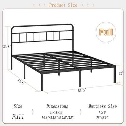 Kujielan 12 inches Full Size Bed Frame with Minimalist Headboard, Black, view 3