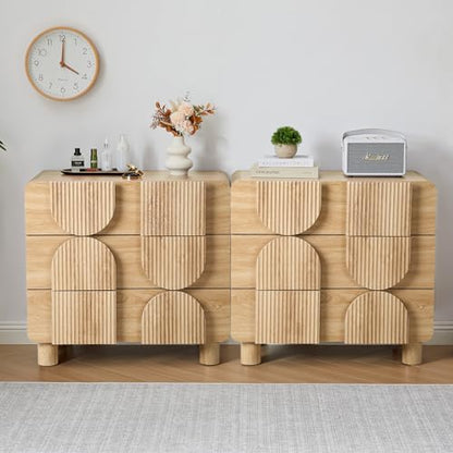 3 Drawer Dressers for Bedroom, 31.5" Wide Large Mid Century Modern Fluted Nightstand 2 Sets, Wood Dresser & Chest of Drawers with Curved Profile for Living Room, Entryway, Hallway Natural