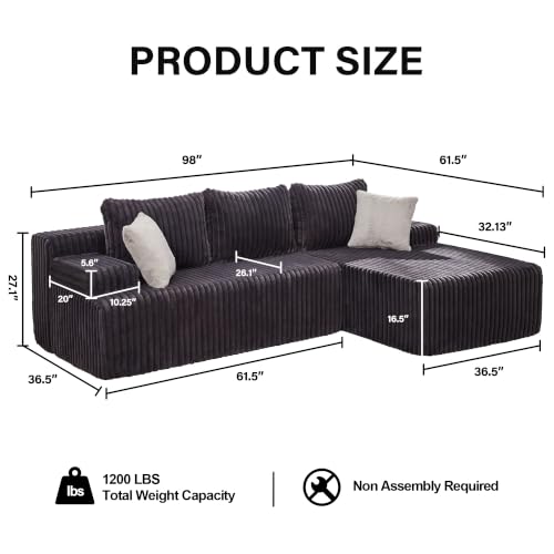 Modular Sectional - L-Shape Cloud Seating with Memory Foam, Convertible 3-Seat Living Room Furniture, Oversized Chaise Lounge, Washable Cover (Darkgrey, 98", Right Hand Facing)
