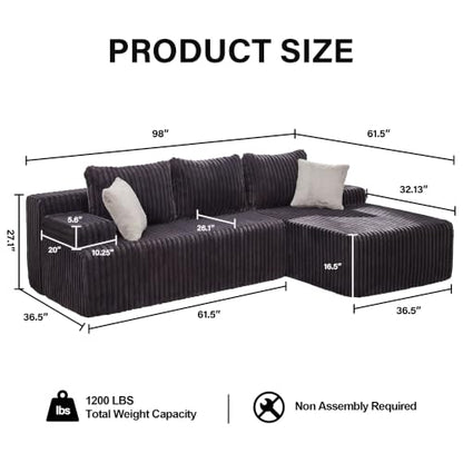 Modular Sectional - L-Shape Cloud Seating with Memory Foam, Convertible 3-Seat Living Room Furniture, Oversized Chaise Lounge, Washable Cover (Darkgrey, 98", Right Hand Facing)