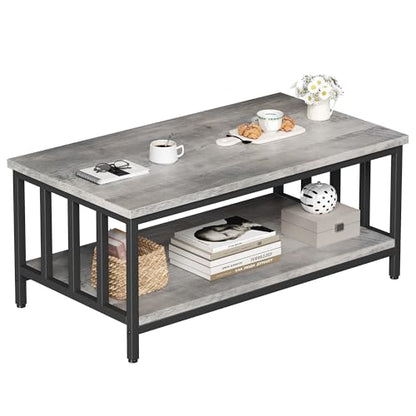 Coffee Table for Living Room with Slatted Sides Frame, Modern Farmhouse Living Room Table with 2-Tier Storage Shelf for Home Office, Apartment, Grey Wash, 39 inch