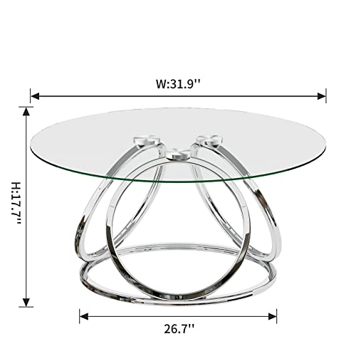 Silver Coffee Table, Modern Glass Coffee Table Living Room Table with Ring-Shaped Frames, Glass Coffee Table for Home&Office, Chrome Finish, 1 PC | Modern