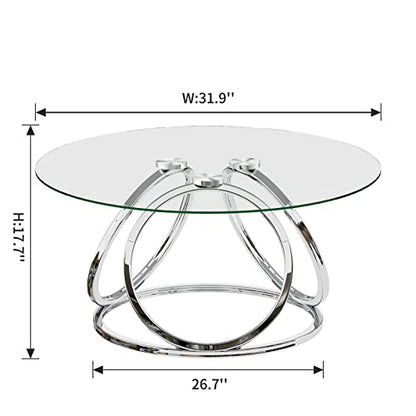 Silver Coffee Table, Modern Glass Coffee Table Living Room Table with Ring-Shaped Frames, Glass Coffee Table for Home&Office, Chrome Finish, 1 PC | Modern