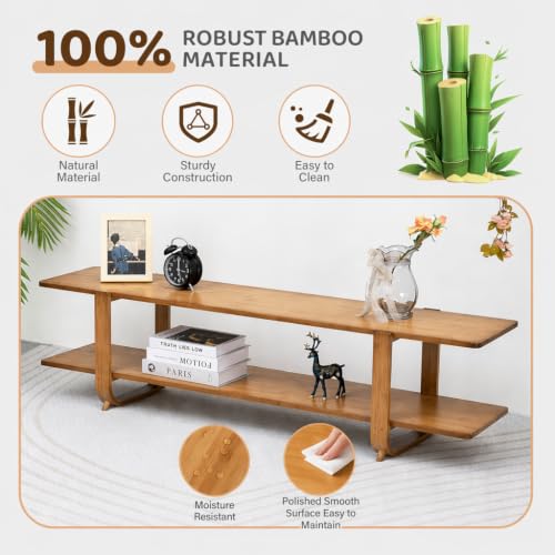 Bamboo TV Stand with Storage for TVs up to 65'', Modern Entertainment Center with 2 Open Shelf, Accent TV Media Console Table for Living Room, Bedroom, 55"(L), Walnut