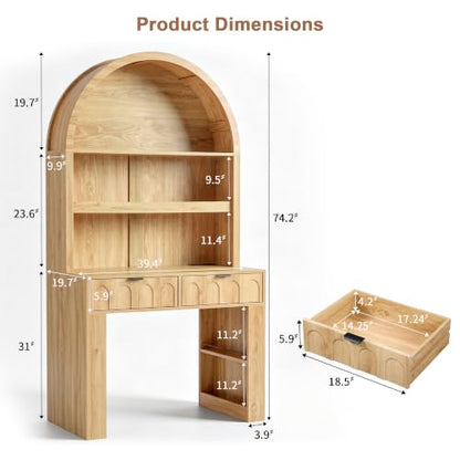 Arched Office Desk with Hutch, Natural, Desktop 39.4" Wx 19.7"D, view 3
