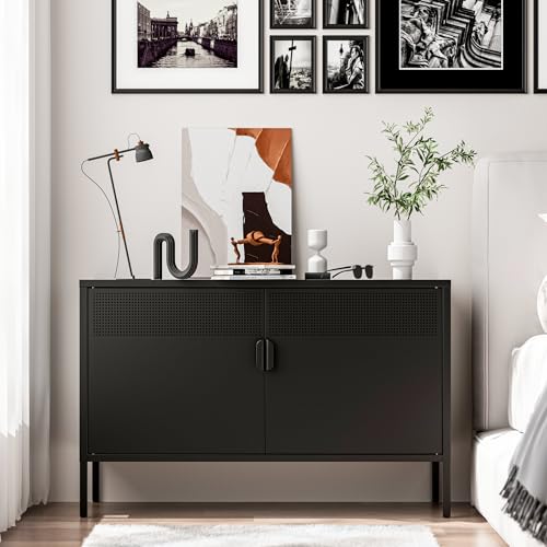 2 Door Storage Sideboard, Metal Storage Cabinet with 2 Adjustable Shelf,Multipurpose Metal Accent Cabinet for Office Home,Music Studio (Black, 25''H)