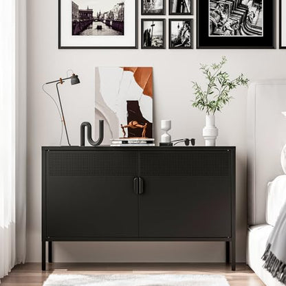 2 Door Storage Sideboard, Metal Storage Cabinet with 2 Adjustable Shelf,Multipurpose Metal Accent Cabinet for Office Home,Music Studio (Black, 25''H)