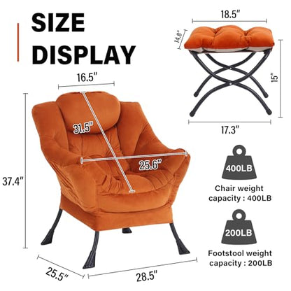Lazy Chair with Ottoman, Modern Accent Chair Contemporary Sofa Chair with Armrests, Reading Chair and Folding Footstool Set for Living Room, Bedroom, Orange