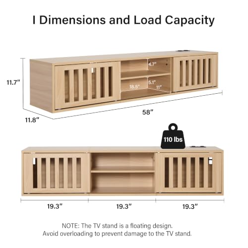 58" Floating TV Stand Wall Mounted with Power Outlet, Natural, view 3