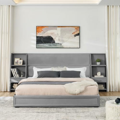 JIVOIT King Storage Platform Bed, Upholstered Headboard, Side Bookcases & Drawer (Gray-King-2)