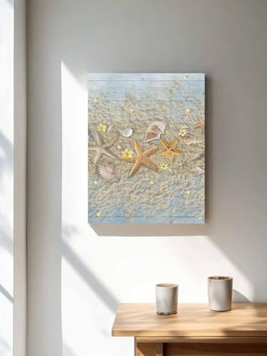 NuYeBiofx Summer Starfish Shell Conch Canvas Wall Art Prints,30"x20" Framed Picture Artwork Beach Flower Blue Wood Board Printed Canvas Oil Painting for Living Room Bedroom Office,Ready to Hang