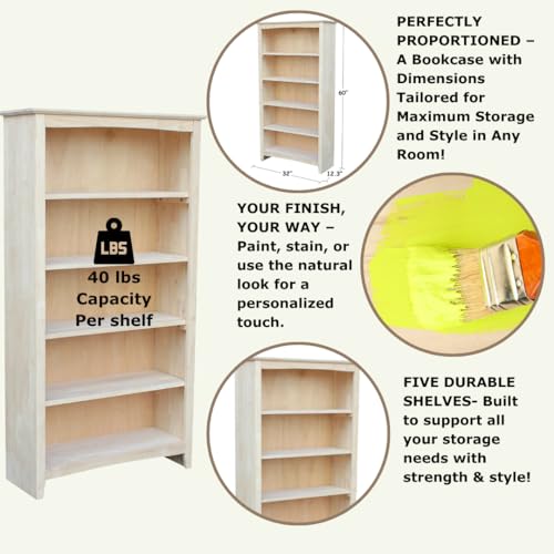 Solid Wood Bookcase 60" High Unfinished Parawood Shelves, view 5