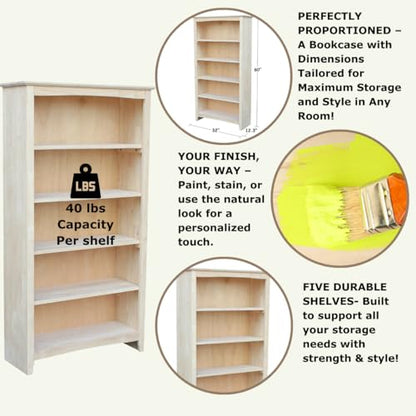 Solid Wood Bookcase 60" High Unfinished Parawood Shelves, view 5