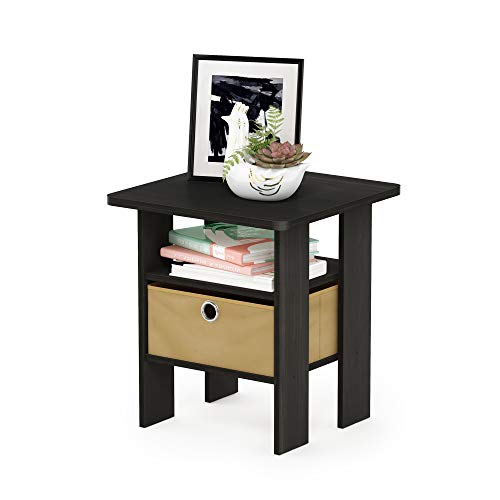 ANDREY Square Side Table, End Table, Night Stand, Espresso | Open Shelves and Storage Bin, Bedside Table, for Living Room, Bedroom