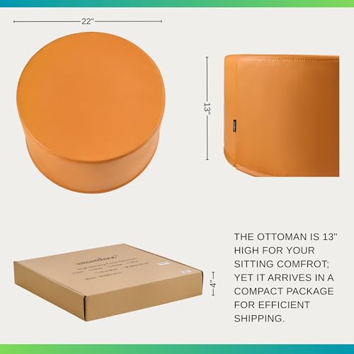 Large 22" Faux Leather Sitting Pouf Ottoman Footrest (Burnt Orange) | Wipe-Clean Faux Leather Boho Design for Kids Toddler Playroom with Foam Filling as Seating Side Table College Dorm Décor