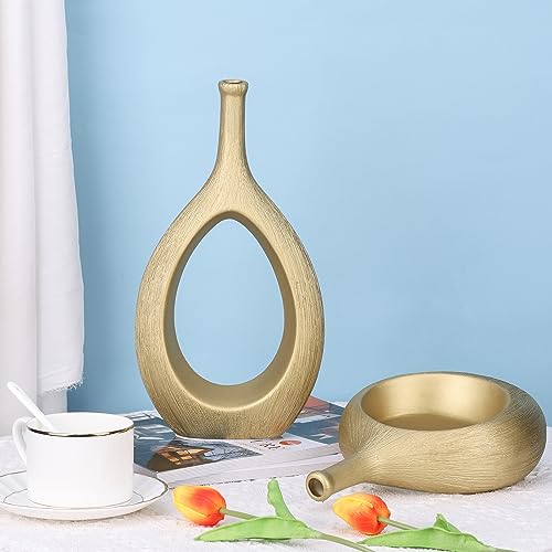 Matte Gold Ceramic Vase Set of 2 - Ribbed Hollow Aesthetic Decorative Vase, Modern Farmhouse Table Centerpiece, Boho Gold Vases for Flower Decor and Home Living